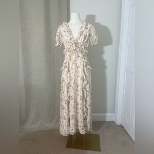 Feminine Boho Romantic Cottagecore Storia Floral Ruffle Dress Size Small Neutral
